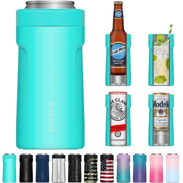 3 In 1 Insulated Universal Can Cooler - Signice Double Walled Vacuum Insulator Stainless Steel Slim Can Cooler for 12 Oz Skinny Tall Standard Regular Can Beer Bottle (Aqua)