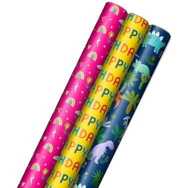 Hallmark Kids Birthday Wrapping Paper (3 Rolls: 75 sq. ft. ttl) Rainbows, Hearts, Flowers on Bright Pink, T-Rex, Dinosaurs, Jungle on Navy Blue, Green, Red, Orange "Happy Birthday" on Yellow