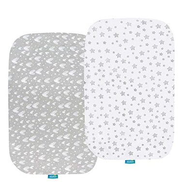 Bassinet Sheets Compatible with Baby Delight Beside Me Dreamer Bassinet, 2 Pack, 100% Jersey Knit Cotton Fitted Sheets, Breathable and Heavenly Soft, Grey and White Print for Baby