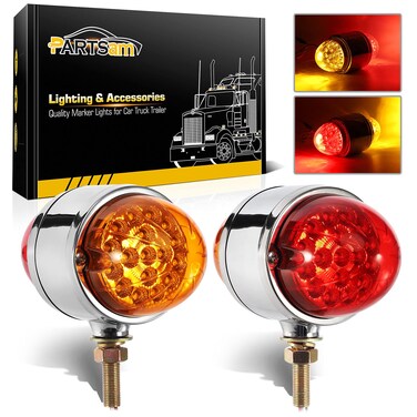 Partsam 2Pcs Amber/Red 17 LED Dual Revolution Watermelon Lights for Semi Truck, Chrome Double Face Auxiliary Turn Signal Lights Replacement for Freightliner Kenworth Peterbilt Trucks