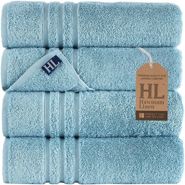 Hawmam Linen Light Blue Bath Towels 4 Pack Soft and Absorbent, Premium Quality Perfect for Daily Use 100% Cotton Towel 600 GSM