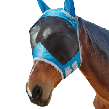 Harrison Howard CareMaster Pro Luminous Horse Fly Mask Large Eye Space Standard with Ears UV Protection for Horse Sky Blue Full Size