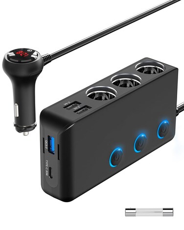 Car Charger Splitter 200W, Qidoe 3 Socket Cigarette Lighter Adapter with PD30W USB-C &amp; QC3.0 Multi USB Car Charger DC Outlet Cigarette Splitter Power Switches Voltmeter for GPS Dash Cam Phone
