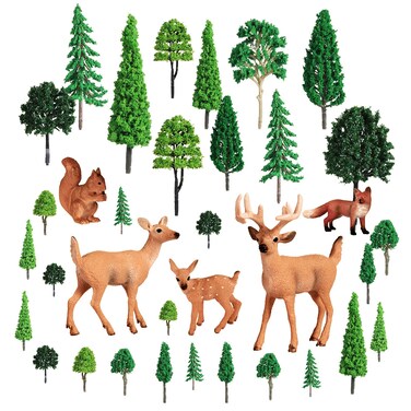 35 Pcs Woodland Animals Figures Model Trees Kit 5 Pcs Forest Animal Toys 30 Pcs 1.18-6.30 Inch Mixed Miniature Trees Miniature Cake Toppers Kids Birthday Christmas Village Accessories (Deer Style)