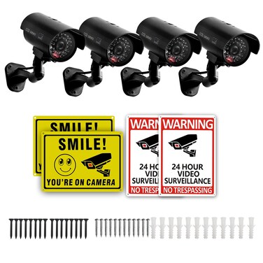 4 Packs Fake Security Camera with No Trespassing Signs Smile You're On Camera Warning Signs and Screws, Dummy Cameras with Realistic LED Red Flashing Light for Outdoor Yard&amp; Indoor Use Set Of 8