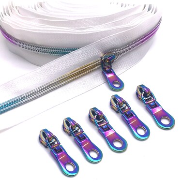 #5 White Rainbow Zipper Tape 10 Yard White Zipper Tape by The Yard #5 Zipper Roll Nylon Coil Zippers for Sewing with 15 pcs Colorful Zipper Pulls Long Zippers for Purses and Bags Craft