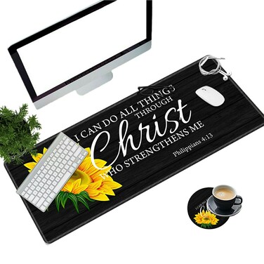 Desk Pad Mat Large Mouse Pad XL Extended Mousepad Gaming with Sunflower Bible 31.5" *11.8" Huge Mouse Pads for Computer Laptop Home Office + Cup Coaster