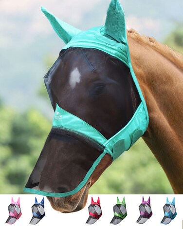 Harrison Howard CareMaster Pro Luminous Horse Fly Mask Large Eye Space Long Nose with Ears UV Protection for Horse Summer Mint M Cob
