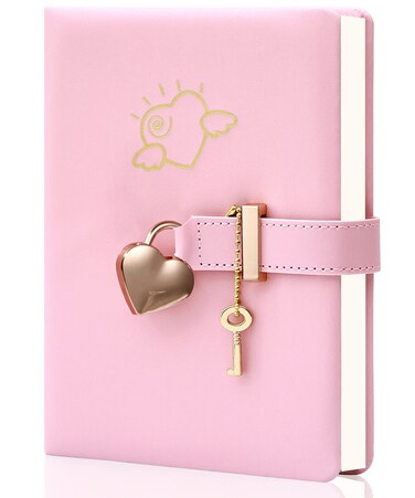 CAGIE Diary with Lock and Key for Girls Heart Shaped Girls Diary for Women Kids A5 Secret Notebook with Lock for Writing Travel Gifts, 5.3 x 7 inches, Pink