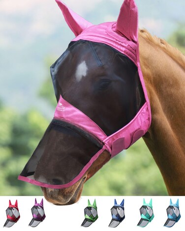 Harrison Howard CareMaster Pro Luminous Horse Fly Mask Large Eye Space Long Nose with Ears UV Protection for Horse Light Pink Full Size