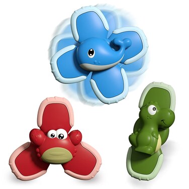 KINGOU 3PCS Suction Spinner Top Toys Baby Finger Suction Cup Spinning Toy for Kids Bath/Travel/Early Learner Time- Whale / Crab / Dinosaur