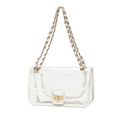Womens PVC Clear Purse Handbag with Chain Stadium Approved Clear Bag See Through Bag for Working and Concert