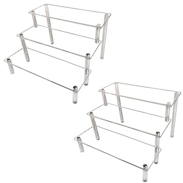 AZEAM 2 Packs Acrylic Display Risers,Clear Display Risers Stand Small Mini Shelf 3 Tiered Cupcake Stand for Food Desserts Stand Perfume Organizer Toys Collections Cosmetic Products Tabletop Use