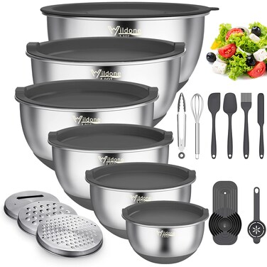 Wildone Mixing Bowls with Airtight Lids, 22 PCS Stainless Steel Mixing Bowls Set, 3 Grater Attachments, Measurement Marks &amp; Non-Slip Bottom, Size 5, 4, 3, 2,1.5, 0.63QT, Ideal for Mixing &amp; Prepping