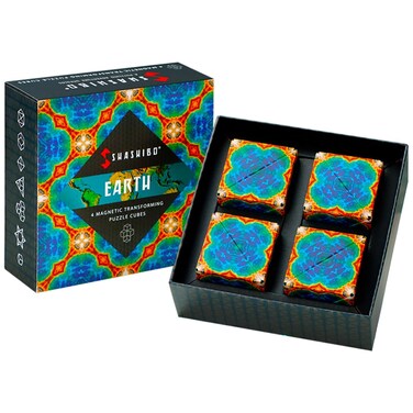 SHASHIBO Shape Shifting Box - Award-Winning, Patented Fidget Cube w/ 36 Rare Earth Magnets - Transforms Into Over 70 Shapes, Gift Box, Download Fun in Motion Toys Mobile App (Earth, 4 Pack)