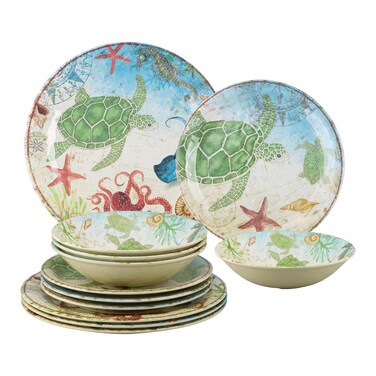 UPware 12 Piece Sea Turtle Melamine Dinnerware Sets, Outdoor Dishes Set, Plates and Bowls Sets, Service for 4, Multicolor