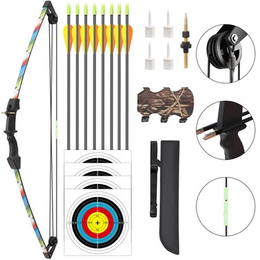 Kids Bow and Arrow Set Youth Compound Bow and Arrow Practice Bow Kids Bow Birthday Gift Bow Left and Right Hand Bow Beginner Bow with 8 Arrows and Quiver for Outdoor Play Camo
