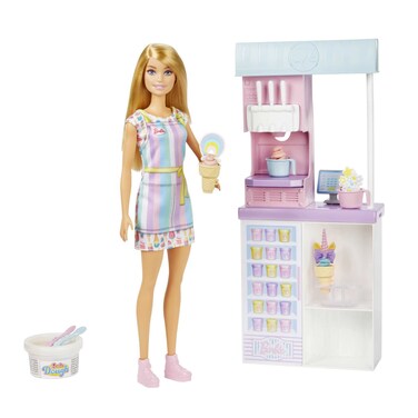 Barbie Careers Playset, Ice Cream Shop Set with Blonde Fashion Doll, Ice Cream Machine, Molds, Dough &amp; Accessories
