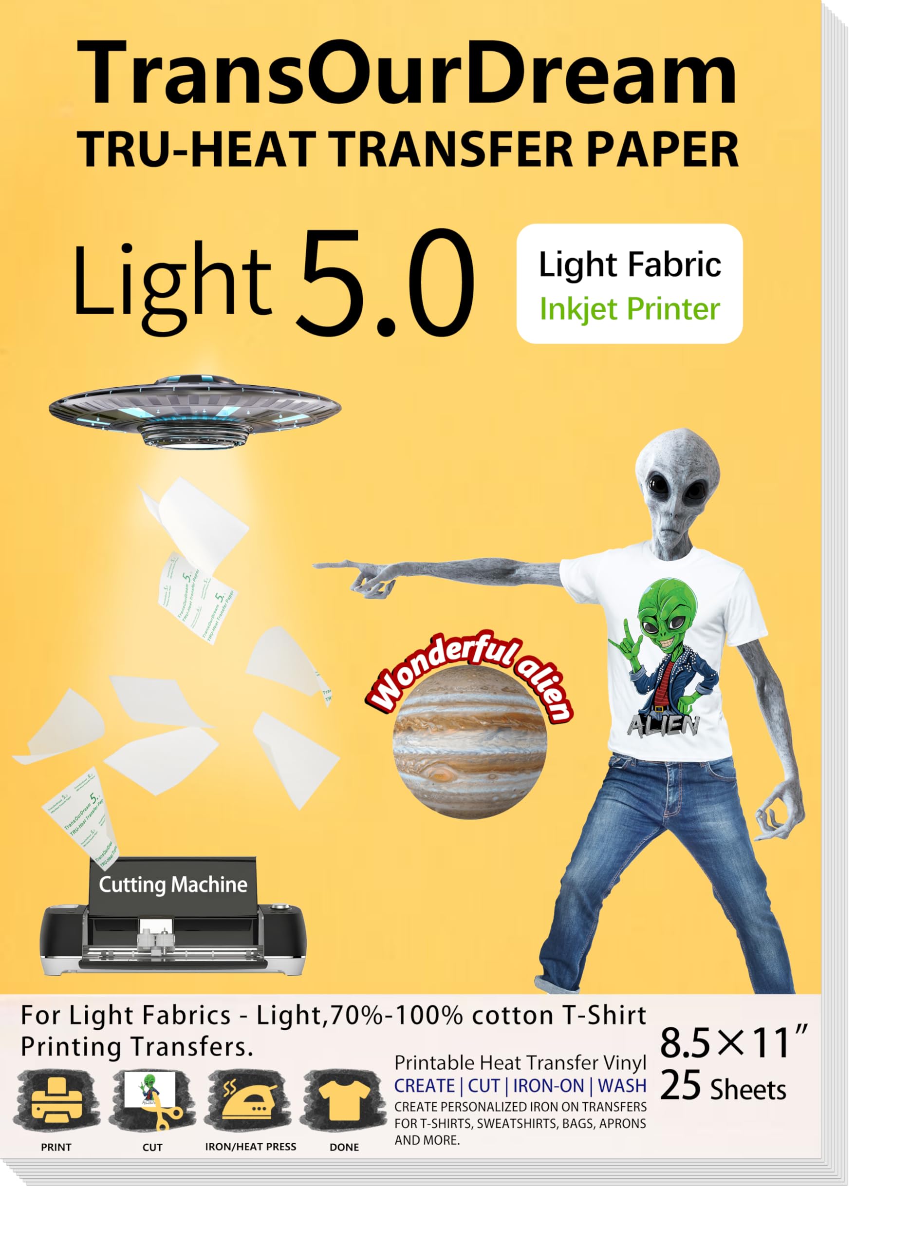 transourdream Transourdream tru-heat Transfer Paper For T Shirts 25 Sheets 8 5x11 Light 5 0 8.5x11in