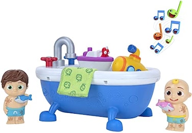 CoComelon Musical Bathtime Playset - Plays Clips of The &lsquo;Bath Song&rsquo; - Features 2 Color Change Figures (JJ &amp; Tomtom), 2 Toy Bath Squirters, Cleaning Cloth &ndash; Toys for Kids, Toddlers, and Preschoolers