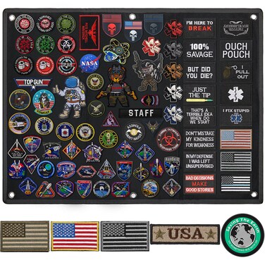 Tactical Patch Display Board 24 x 18 Inch Foldable Military Patch Holder Panel and 5 American Flag Patch USA Flag Patch Military Uniform Emblem Patch Hook and Loop Tactical Patch for Collection Supply