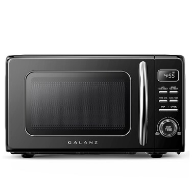Galanz GLCMKZ09BKR09 Retro Countertop Microwave Oven with Auto Cook &amp; Reheat, Defrost, Quick Start Functions, Easy Clean with Glass Turntable, Pull Handle, 0.9 cu ft, Black