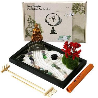 Mini Meditation Zen Garden Kit - Japanese Tabletop Rock Sand Chakra Buddha Garden Home Office Desk Decor Gifts for Father Mother Birthday - Sandbox w/Rake Tool Accessories