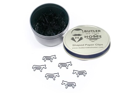 Butler in the Home Horse Shaped Paper Clips Great for Paper Clip Collectors or Office Gift - Comes in Round Tin with Lid and Gift Box (100 Count Black)