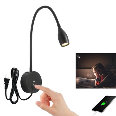 Reading Light Wall Mounted Reading Light headboard Touch Switch Dimmable Reading Lamp Task Directional LED Gooseneck Light AC (120V) Plug in Cable Powered 3W (Matte Black, Warm White)