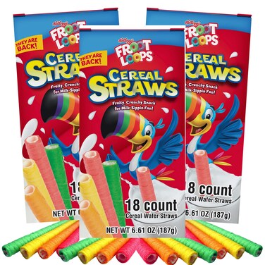 2025 Kellogg's Cereal Straws Froot Loops Edible Breakfast Straw Alternatives for Milk, 90's Childhood Nostalgic Treat for Drinking and Eating, Cereals for Kids, Pack of 3, 18 Count