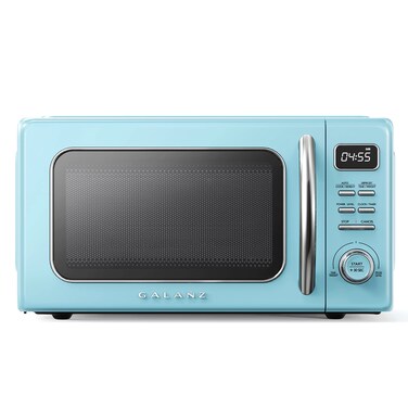 Galanz GLCMKZ11BER10 Retro Countertop Microwave Oven with Auto Cook &amp; Reheat, Defrost, Quick Start Functions, Easy Clean with Glass Turntable, Pull Handle, 1.1 cu ft, Blue
