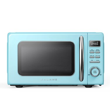 Galanz GLCMKZ09BER09 Retro Countertop Microwave Oven with Auto Cook &amp; Reheat, Defrost, Quick Start Functions, Easy Clean with Glass Turntable, Pull Handle, 0.9 cu ft, Blue