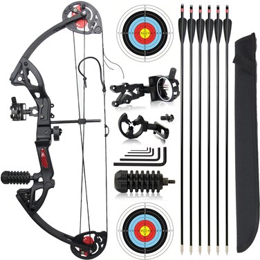 Archery Compound Bow and Arrow for Beginner and Youth，Bowfishing and Hunting Bow Set, 260 fps，19&rdquo;-28&rdquo; Draw Length,15-29 Lbs Draw Weight, Package with Archery Hunting Equipment -Black
