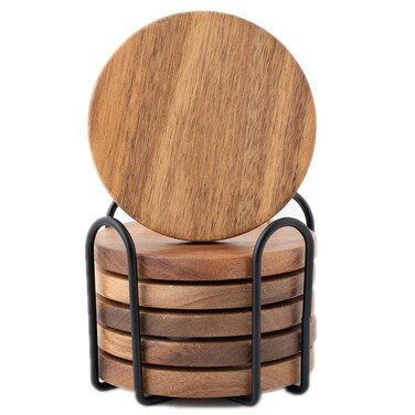Wood Coasters for Drinks Tabletop Protection with Holder Set of 6, Acacia Wooden Coasters for Coffee Table Dining Table Round with Non-Slip Pad Cup Coasters for Home Christmas Decor 4 Inch