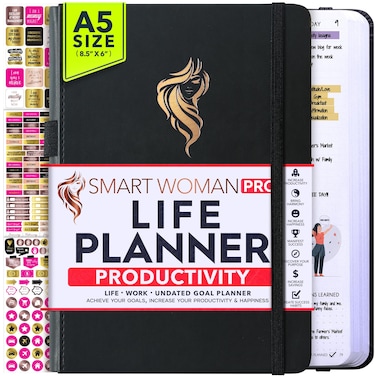 Life Planner - Undated Weekly &amp; Monthly Planner, a 12 Month Journey to Increase Productivity &amp; Happiness, Life Organizer, Gratitude Journal, Financial Planner, Self Care Journal - Horizontal Layout