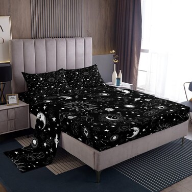 Castle Fairy Sun and Moon Fitted Sheet Set Full Size 4 Pcs,Starry Galaxy Boho Hippie Constellation,Bedding Sets (1 Fitted,1 Flat,2 Pillowcases) Luxury Deep Pocket Bed Sheets
