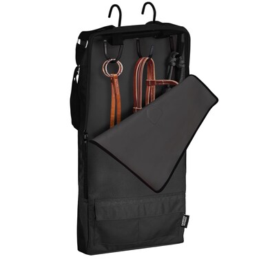 Harrison Howard Bridle/Halter Bag with 3 Prong Tack Rack Sturdy Waterproof Fabric Horse Tack Carry Bag-Piano Black