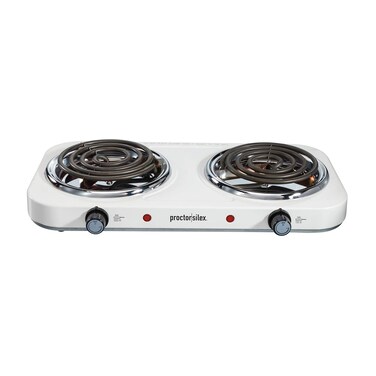 Proctor Silex Electric Stove, Double Burner Cooktop, Compact and Portable, Adjustable Temperature Double Hot Plate, 1700 Watts, White &amp; Stainless (34116)