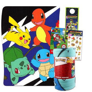 Pokemon Throw Blanket Set - Bundle of 45x60" Pokemon Fleece Blanket, Super Mario Stickers and More   Nintendo Bedding Kit for Kids