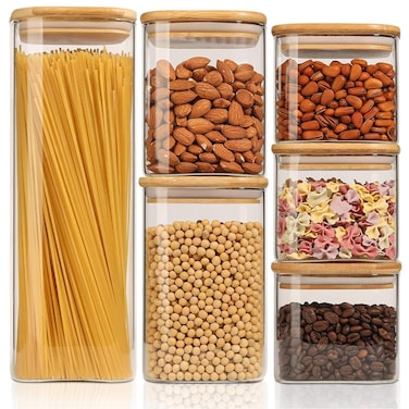 ComSaf Food Storage Containers with Airtight Lids Set of 6, Clear Glass Canister Food Jar with Sealing Lid Kitchen Pantry Storage Container for Spaghetti Pasta Sugar Flour Oat Cereal Beans, Square