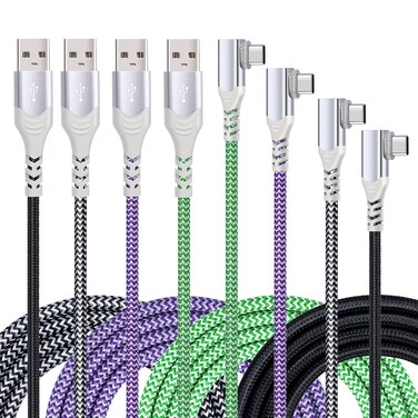 Eversame USB C Cable(4-Pack 10ft), Right Angle USB A to USB Type C Nylon Braided Fast Charging Cable Compatible with Samsung Galaxy S24/S23/S22/S21/S20/S10+/S9 Plus, iPhone 15 Pro Max