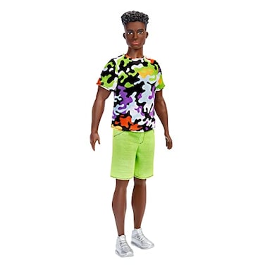 Barbie Fashionistas Ken Doll #123, Broad with Black Curly Hair Wearing Multi-Colored Camo Print Shirt, Neon Green Shorts &amp; Silvery Sneakers