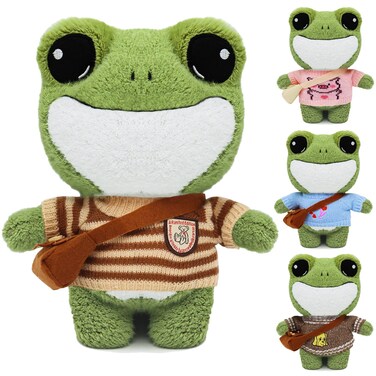 11.8in Stuffed Frog Plush Animal Doll Toy, Super Cute Green Frog Plushies Pillow with Sweater Clothes and Backpack, Standing Frog Plushie Toy Gift for Kids Creative Decoration (Green-I)