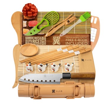 Alas Complete 20 Piece Sushi Making Set - Kit for Beginners &amp; Pros with Knife, 2 Mats, Rice Bazooka and Dipping Plate
