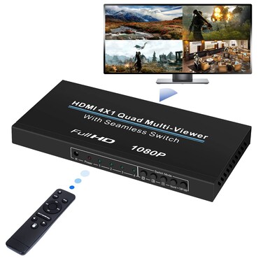 HDMI Multi-Viewer Switch 4x1, HDMI Quad Seamless Switcher 4 in 1 Out Support 1080P@60Hz &amp; 5 Display Mode, Split Screen for TV/PC/STB/DVD with IR Remote