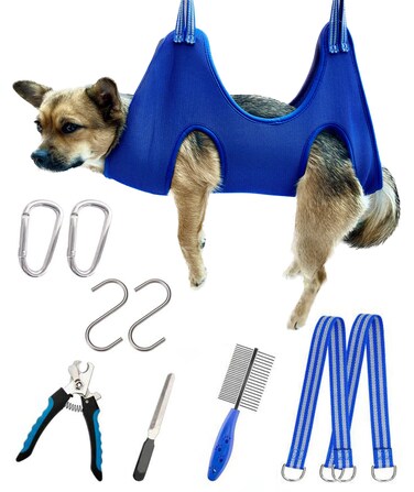 10 in 1 Pet Grooming Hammock Harness with Nail Clippers/Trimmer, Nail File, Comb,Dog Nail Hammock, Dog Grooming Sling for Nail Trimming/Clipping (S/Under 30lb, Blue)