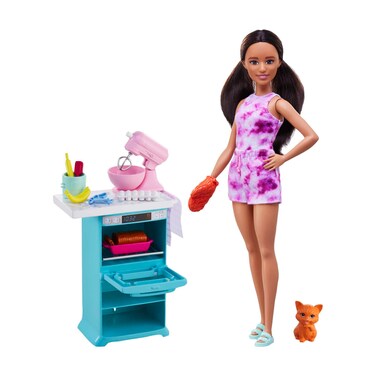 Barbie Baker Doll &amp; Kitchen Playset with Oven, Spinning Mixer &amp; 10+ Accessories, Includes Petite Brunette Fashion Doll, Pet Kitten &amp; Baking Pieces