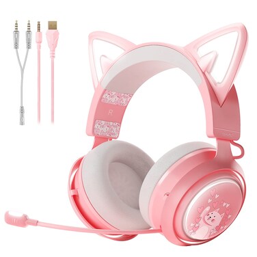 SOMIC GS510 Gaming Headset, Cat Ear Headset PC Gaming Headphones with Retractable Mic Noise Cancelling, Stereo Sound, DIY Face Covers for PC, PS4, PS5,Xbox One(Only White LED Light)-Pink