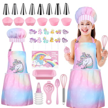 Gemeer Children&rsquo;s Cooking and Baking Set 34-Pcs Includes Apron for Little Girls, Chef Hat, Oven Mitt &amp; Utensil to Dress Up Chef Career Role Play for 3-7 Years