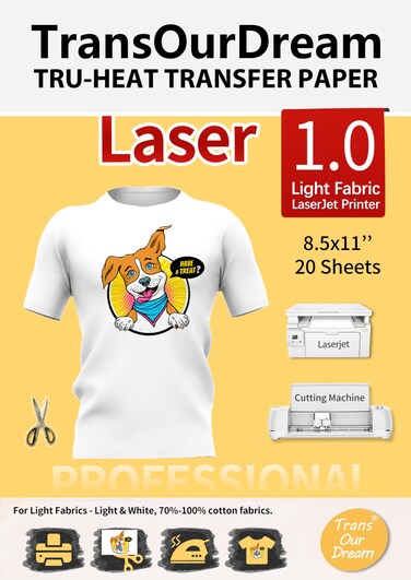TransOurDream Heat Transfer Paper for Laserjet Printer (20 Sheets, 8.5x11, Laser 1.0) Printable HTV Heat Transfer Vinyl for T Shirts Iron on Transfers for Light Fabrics (TRANS-LAS1-L-20)